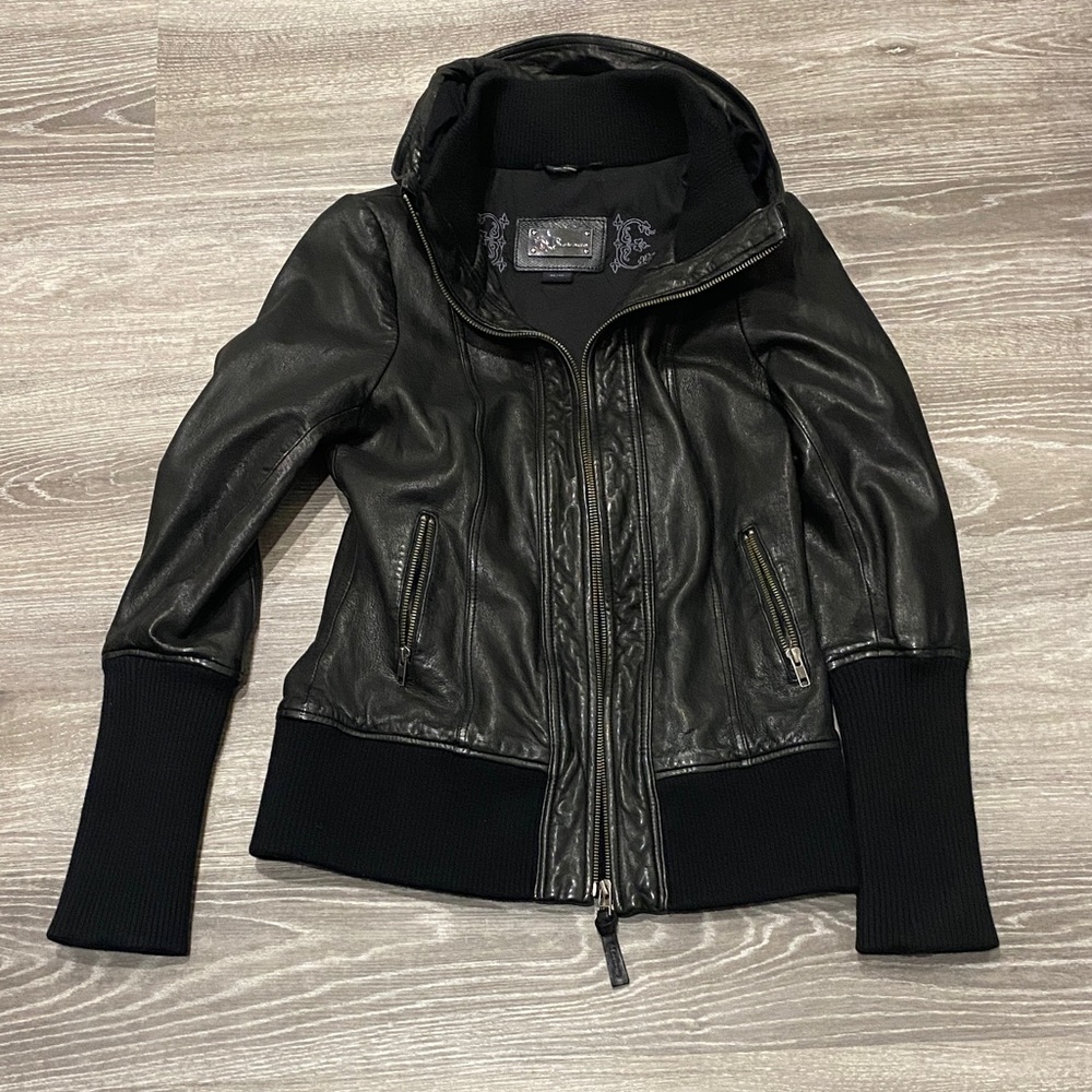 Mackage Black Women’s Leather Jacket with Ribbed Accents
